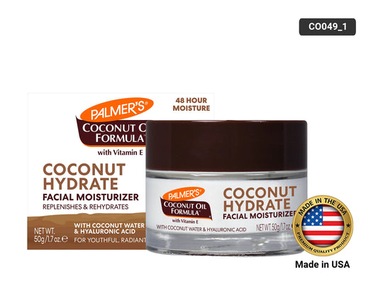 Palmers Coconut Hydrate Facial Moisturizer 50g front view, coconut water and hyaluronic acid face moisturizer