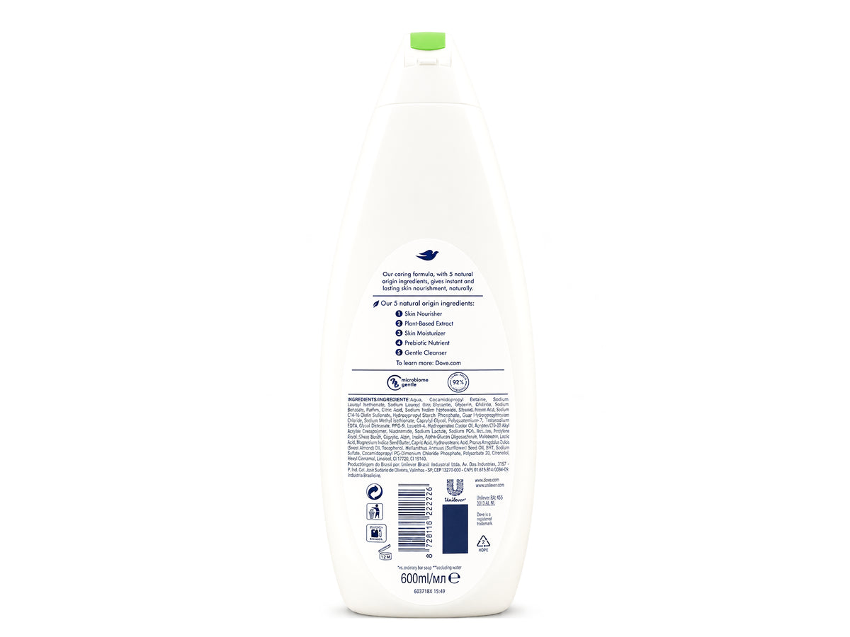 Dove Care by Nature Body Wash 600ml back label showing ingredients and directions
