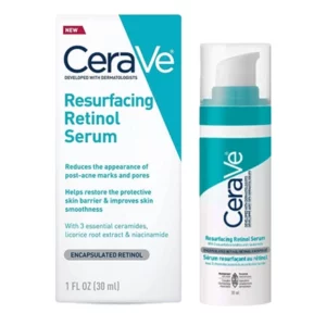 Close-up of CeraVe Resurfacing Retinol Serum with Pump Dispenser – A Skincare Solution for Reducing Acne Scars and Improving Skin Texture, Featuring Encapsulated Retinol and Ceramides in a 30ml Bottle