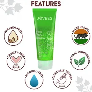 Jovees Grape Face wash contains natural herbal ingredients with natural Vitamin E which deep cleanses the skin, makes your skin glow and visibly fairer. It also helps in mitigating fine lines and gives your skin a fairer and even toned look.