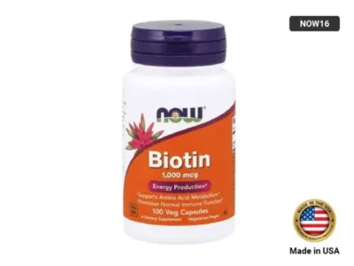 NOW Biotin 1000mcg – 100 Veg Capsules dietary supplement provides a high dose of this essential B vitamin, vital for maintaining healthy hair, skin, and nails.