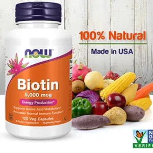 NOW Biotin 5000mcg can help support healthy hair, skin, and nails. It also aids in the metabolism of carbohydrates, fats, and proteins, which can support energy production and healthy blood sugar levels.