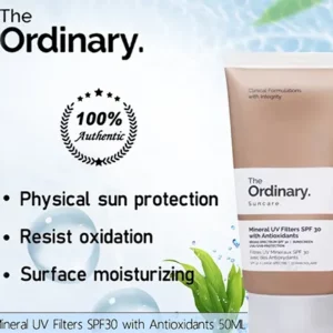 The ordinary mineral UV filters SPF 30 with antioxidants is a broad-spectrum mineral sunscreen providing SPF 30 protection and integrates antioxidant, and hydration support.