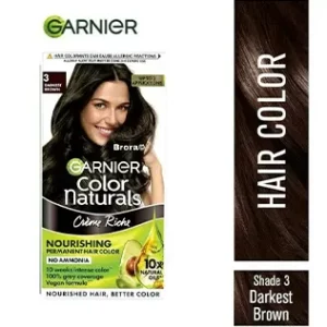 Garnier Darkest Brown Hair Colour infused with three essential oils- olive, almond, and avocado, the Garnier Color Naturals Darkest Brown hair colour nourishes hair and gives it a lustrous effect.