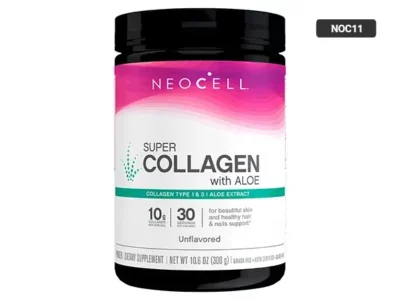 Neocell Super Collagen with Aloe offers 30 servings of unflavored collagen powder, totaling 300g. This dietary supplement supports skin health, hydration, and elasticity.
