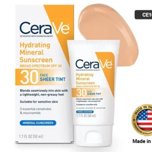 CeraVe Hydrating Mineral Sunscreen SPF 30 bottle, tinted face sunscreen for all skin types